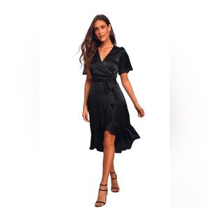 Lulu’s Wrapped Up In Love Black Satin Faux-Wrap Midi Dress XL